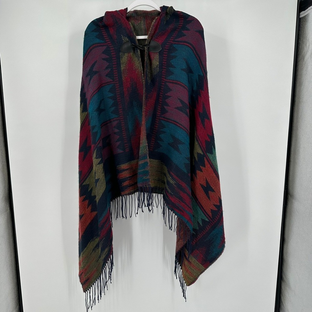 Womens Boho Southwester Hooded Blanket Shawl OS Aztec Jewel Tones Western